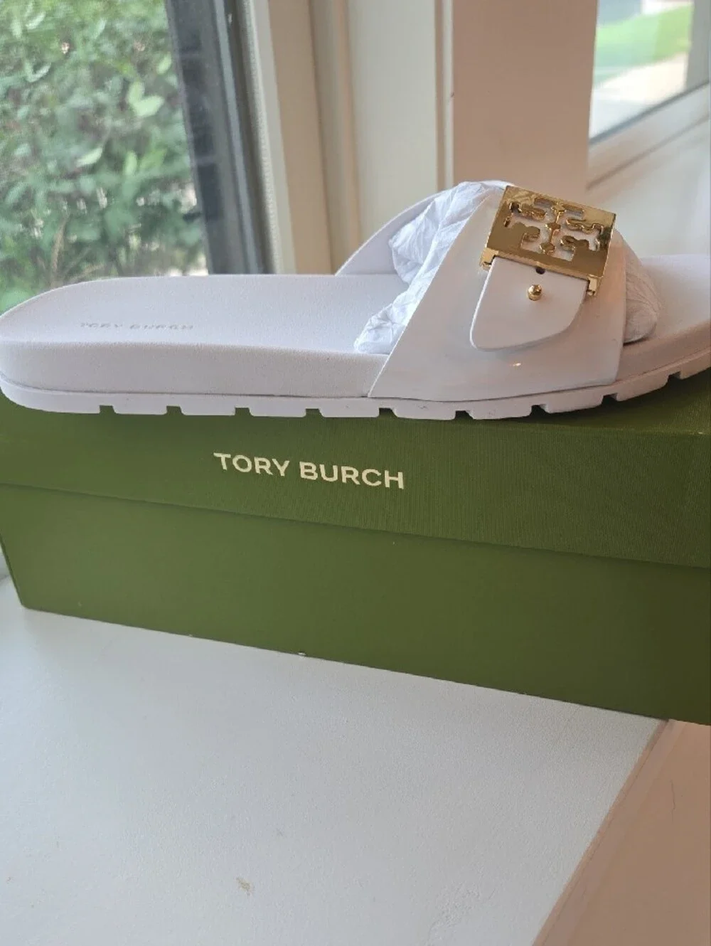 Tory Burch White Slide Sandals with Gold Logo Accent